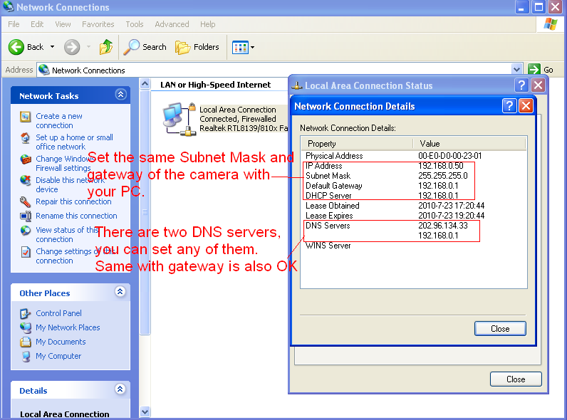 Η κάμερα θα πρέπει να είναι στο ίδιο subnet με το router και με τον υπολογιστή Υπάρχουν δύο DNS Servers.