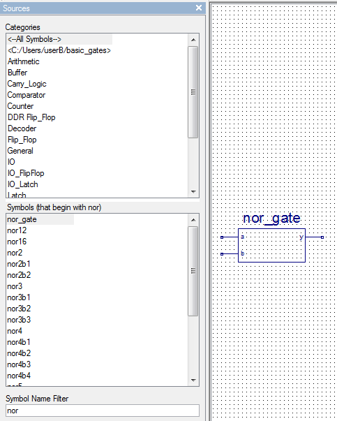 Πύλη NOR H πύλη nor που σχεδιάσαμε σε VHDL κώδικα είναι τώρα διαθέσιμη σαν component στη λίστα των συμβόλων της Xillinx, και μπορούμε να τη χρησιμοποιήσουμε για να σχεδιάσουμε ένα νέο ψηφιακό κύκλωμα