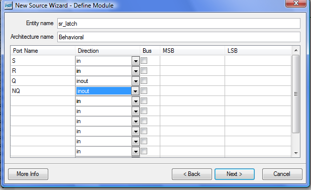 Το SR-Latch - Dataflow Design Ξεκινάμε με τον Project Navigator, όπου επιλέγουμε Create new source, Vhdl Module, δίνουμε το όνομα sr_latch, και δίνουμε τα παρακάτω στις εισόδουςεξόδους.