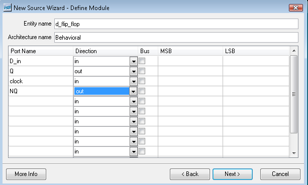 D flip-flop Μετά Create New source επιλέγουμε VHDL Module και δίνουμε ένα όνομα πχ