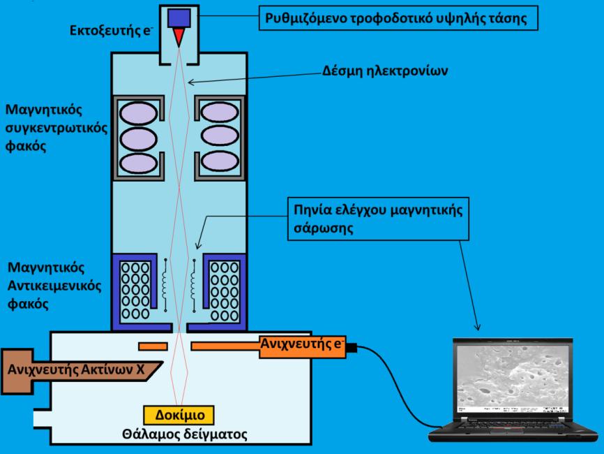 Κεφάλαιο 4 ο Μίγματα PLA Σχήμα 29: Φαινόμενα αλληλεπίδρασης δέσμης δείγματος Οργανολογία Αντλία κενού Σχήμα 30: Σχηματικό διάγραμμα ενός σαρωτικού ηλεκτρονιακού μικροσκοπίου Η λειτουργία του SEM