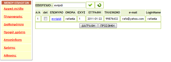 Εικόνα 8 Για πίο εύκολη αναζήτηση γράφοντας το αρχικό γράμμα του επωνύμου βγαίνουν αυτόματα όλα τα επώνυμα με αυτό το αρχικό.