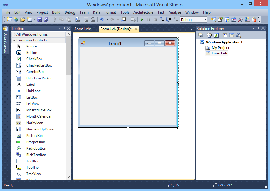 Πως εργαζόμαστε με φόρμες (1) Επιλέγοντας File=>New Project και μετά Windows Forms Application της γλώσσας Visual Basic το Visual Studio 2010 μας δίνει αυτόματα το επόμενο περιβάλλον εργασίας.