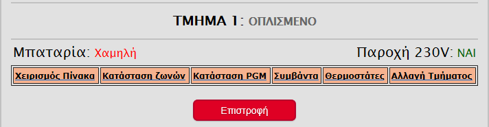 Χειρισμός πίνακα Στην επιλογή Χειρισμός Πίνακα, εμφανίζεται η οθόνη στην οποία μπορείτε να δείτε την τρέχουσα κατάσταση του τμήματος και να το οπλίσετε ή να το αφοπλίσετε με τα εικονιζόμενα πλήκτρα.