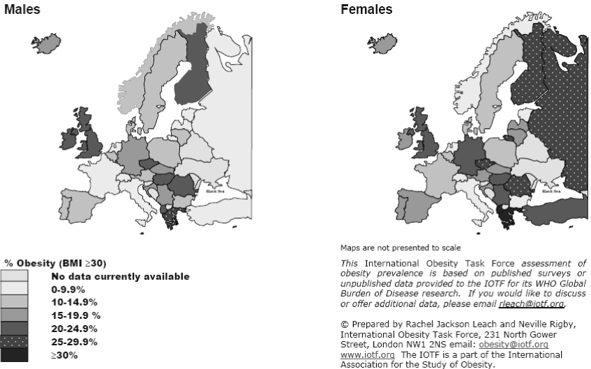 γυναίκες. Σε τουλάχιστον οκτώ χώρες, το ποσοστό παχυσαρκίας ξεπερνά το 20 % του πληθυσμού, με κορυφαία την Ελλάδα με ποσοστό 30,3 % για τους άνδρες και 26,4% για τις γυναίκες 10.