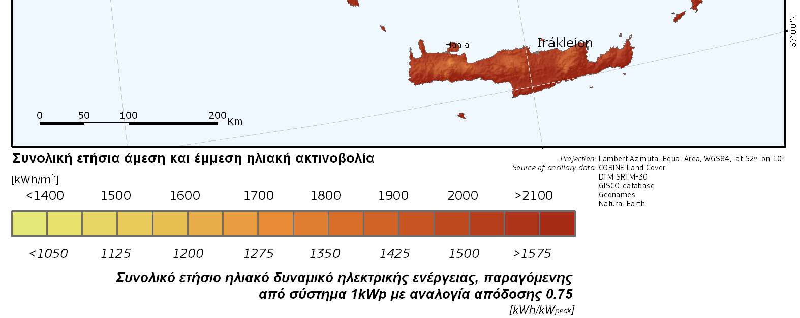 Στην παρακάτω εικόνα παρουσιάζεται η συνολική ετήσια ηλιακή ακτινοβολία και το ηλιακό δυναµικό της χώρας για τη βέλτιστη κλίση φωτοβολταϊκών συστηµάτων, που για την Ελλάδα, είναι