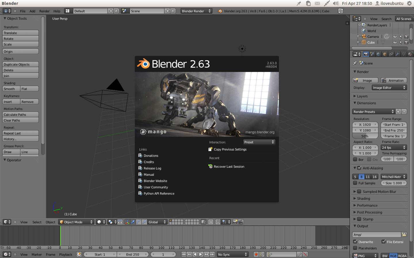 4.23 παξάζπξν εθθίλεζεο ηνπ blender 2.63 Ξεθηλάκε ηελ αλάπηπμε ηνπ project κε ηελ ρξήζε δύν βαζηθώλ αληηθεηκέλσλ mesh.