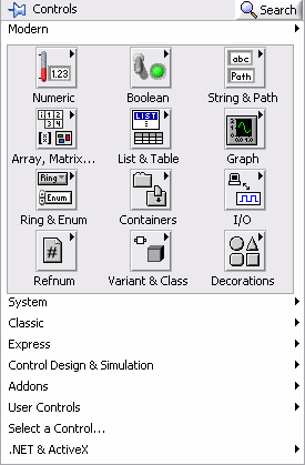 Palettes Tο Lab VIEW διαθέτει τρεις παλέτες με τις οποίες εργαζόμαστε στο περιβάλλον του: 1.