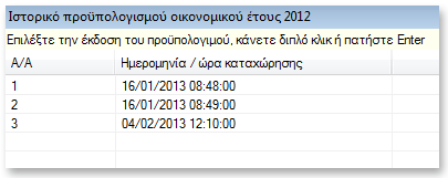 Ιστορικό προϋπολογισμού Για να προβάλετε το ιστορικό του προϋπολογισμού στην οθόνη σας και στη συνέχεια να το τυπώσετε, επιλέγετε το μενού Εργαλεία και μετά Ιστορικό προϋπολογισμού.