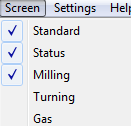 Screen Η καρτέλα Screen ενεργοποιεί / απενεργοποιεί τα παράθυρα όπως εμφανίζονται στο πρόγραμμα CncSimulator.