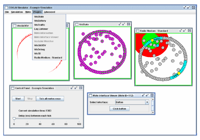 Εικόνα 48: Screenshot από το Cooja με plugins αρχικοποιημένα. Τα περισσότερα είδη plugins πρέπει να φορτώνονται στην εκκίνηση και να είναι διαθέσιμα μέχρι το COOJA να τερματιστεί.