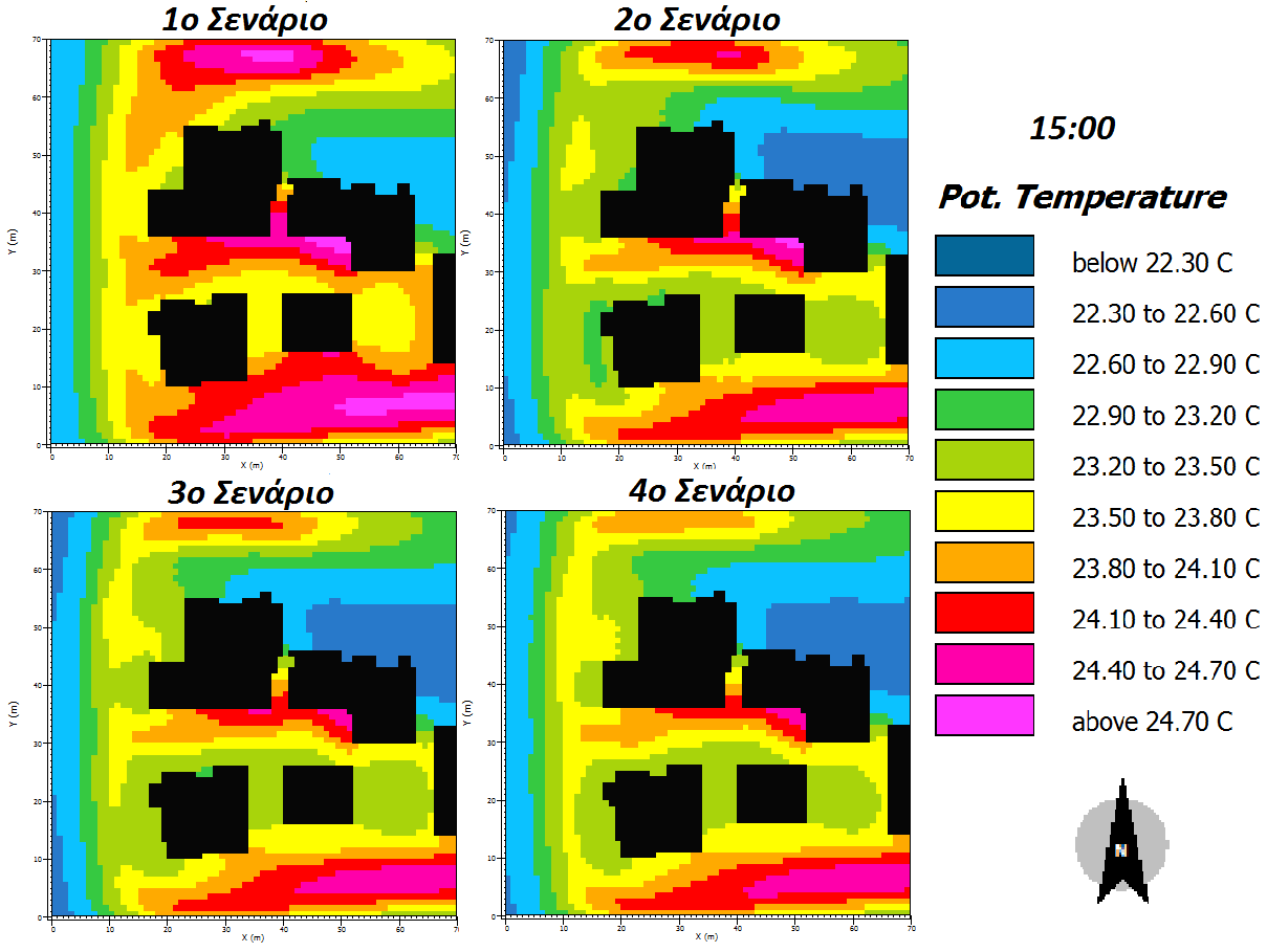 Τα αποτελέσματα για τις 3μ.μ. και σε ύψος 1,6m παρουσιάζονται στην Εικόνα 32. Εικόνα 32 Αποτελέσματα άνοιξης θερμοκρασίας αέρα, 3μμ [28] Στις 3μ.μ. η θερμοκρασία του αέρα παραμένει σχεδόν στα ίδια επίπεδα με τα αποτελέσματα των 12μ.