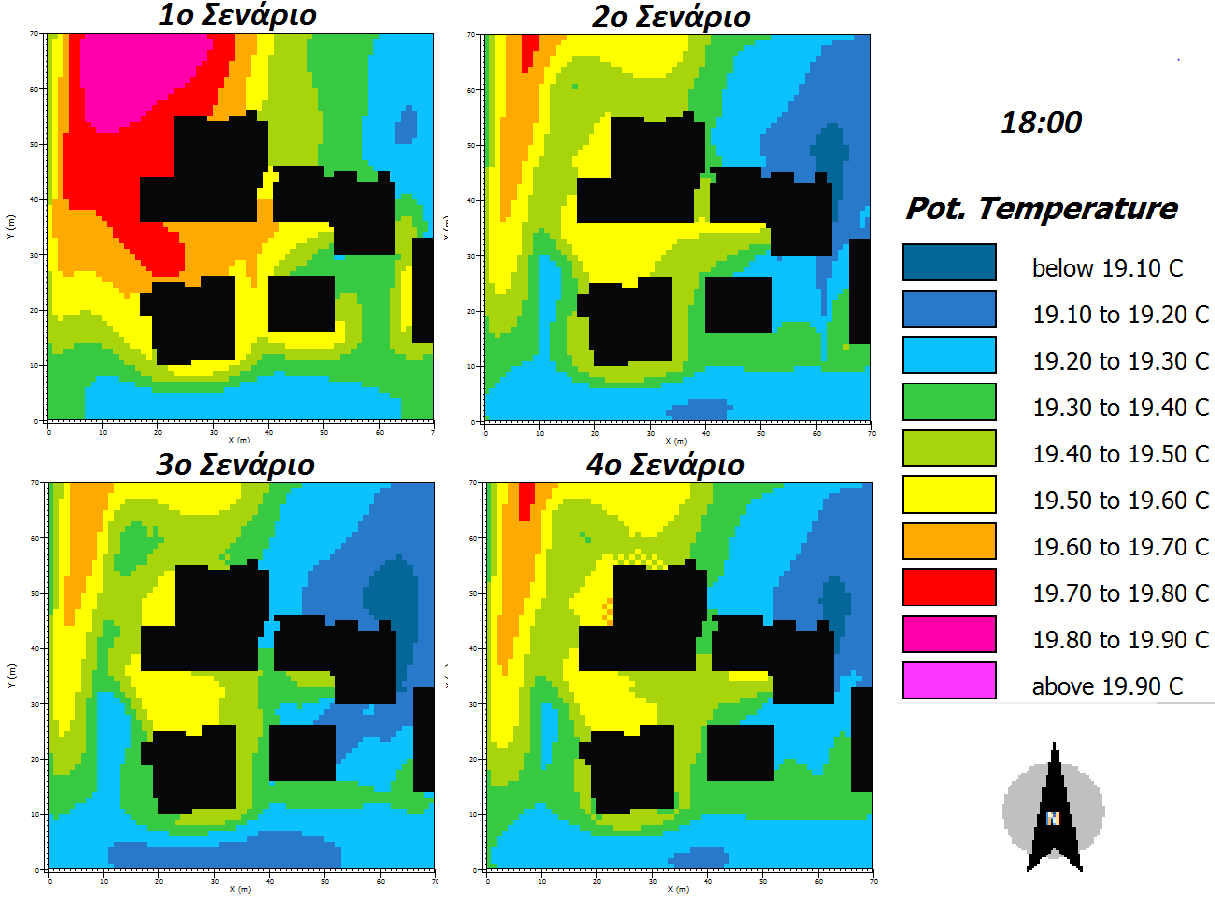 42. Τα αποτελέσματα για τις 6μ.μ. και σε ύψος 1,6m παρουσιάζονται στην Εικόνα Εικόνα 42 Αποτελέσματα φθινοπώρου θερμοκρασίας αέρα, 6μμ [28] Στις 6μ.μ. το εύρος έχει μειωθεί αισθητά και είναι αντίστοιχο της εποχής.