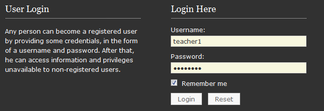 - Εκπαιδευτικού - Ελεύθερη Για να εισέλθει κανείς στην λειτουργία Μαθητή ή Εκπαιδευτικού θα πρέπει να εισάγει ένα όνομα χρήστη (username) και ένα κωδικό (password) τα οποία είναι αποθηκευμένα στην