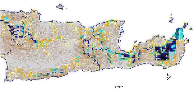 9 Χάρτης : Αιολικό δυναμικό στους νομούς Ηρακλείου και Λασιθίου σύμφωνα με μετρήσεις του Κ.Α.Π.Ε. Είναι εμφανές ότι στην Κρήτη υπάρχει αρκετά καλό αιολικό δυναμικό.