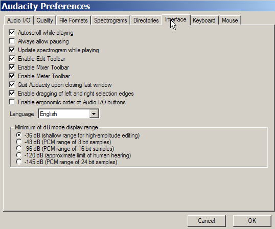 2.1 Preferences menu 2.1.1 Audio I/O Playback: Επιλογή συσκευής αναπαραγωγής ήχου Recording: Επιλογή συσκευής για ηχογράφηση και αριθμού καναλιών (για stereo ηχογράφηση επιλέξτε εδώ) Play other