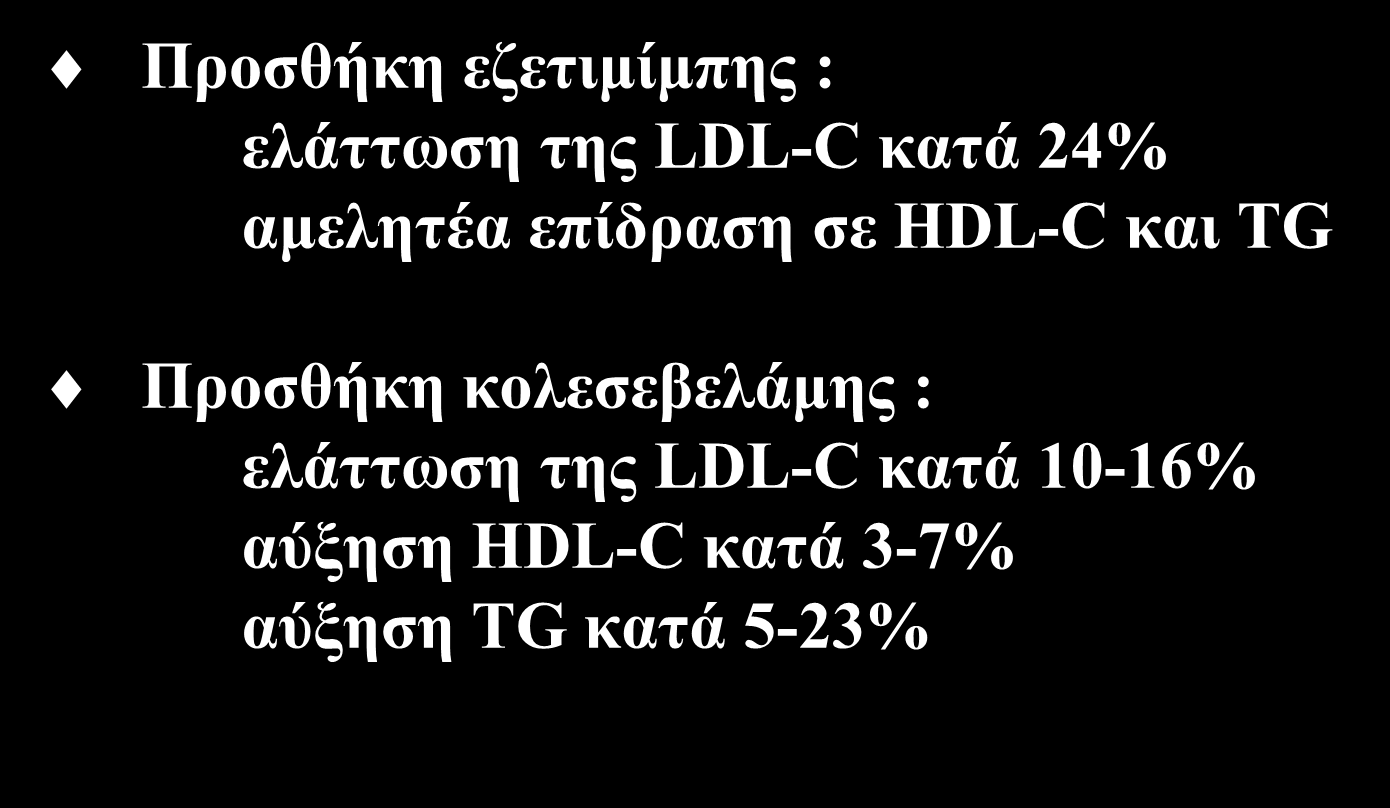 Επίδραση στο λιπιδαιμικό προφίλ Προσθήκη εζετιμίμπης : ελάττωση της LDL-C κατά 24% αμελητέα επίδραση σε HDL-C και TG Προσθήκη κολεσεβελάμης