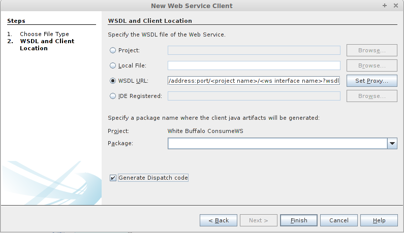 Σχήμα 17: Κατανάλωση Υπηρεσιών Διαδικτύου επιλέγουμε WSDL URL και εισάγουμε εκεί τη διεύθυνση του wsdl αρχείου. Στη συνέχεια τσεκάρουμε την επιλογή Generate Dispatch code και πατάμε το κουμπί Finish.