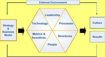 επίτευξη της απόδοσης µίας οργάνωσης: η Στρατηγική (Strategy), το Εξωτερικό Περιβάλλον (External Environment), η Τεχνολογία (Technology), οι ιαδικασίες (Processes), η Ηγεσία (Leadership), οι
