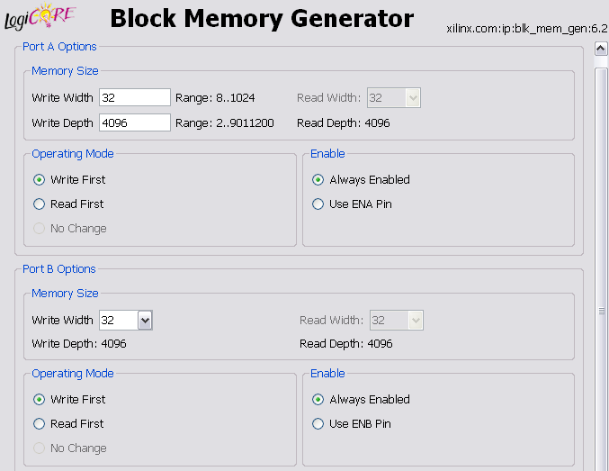 Εικόνα 5-12: CORE Generator για την Trual Dual Port RAM - DOWN FIFO (1/2) Εικόνα 5-13: CORE Generator για την Trual Dual Port RAM - DOWN FIFO (2/2) Οι μνήμες UP_FIFO και PERM_FIFO αντιστοιχίζονται σε