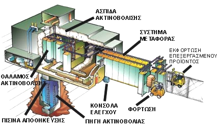 Μια τυπική εγκατάσταση ακτινοβολήσεως µε ακτίνες γ. Για το λόγο αυτό συχνά η ακτινοβόληση των τροφίµων ονοµάζεται ψυχρή παστερίωση.