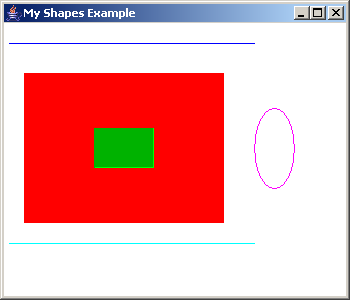 import java.awt.color; import java.awt.graphics; import javax.swing.jpanel; public class MyShapes extends JPanel { public void paintcomponent( Graphics g ) { super.paintcomponent( g ); this.