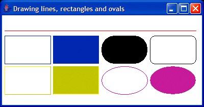 16 LinesRectsOvalsJPanel linesrectsovalsjpanel = 17 new LinesRectsOvalsJPanel(); 18 linesrectsovalsjpanel.setbackground( Color.WHITE ); 19 frame.