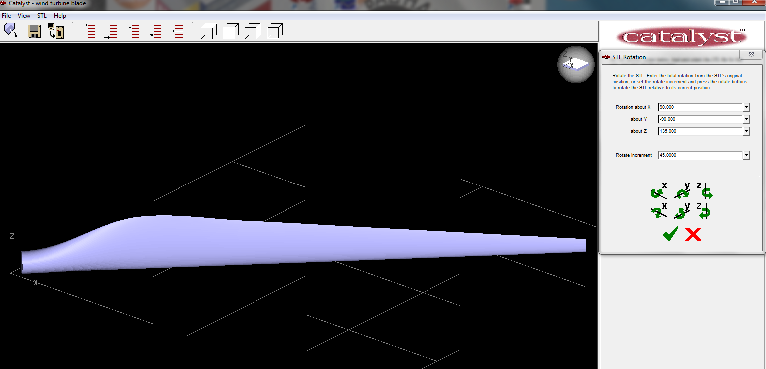 Επιλέγεται το αρχείο STL που φαίνεται στην εικόνα 4.6 ( wind turbine blade.stl ) και στην οθόνη του Catalyst 4.3 φαίνεται η παρακάτω εικόνα: Εικόνα 4.7 Wind turbine blade.