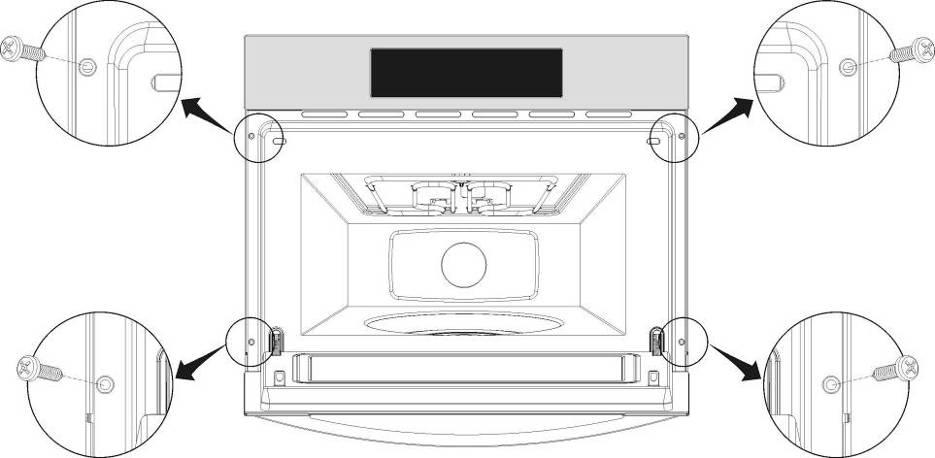 Installazione / Δγθαηάζηαζε IT 1. Spingere fino in fondo il forno nel vano e centrarlo. 2. Aprire lo sportello e assicurare l elettrodomestico al vano utilizzando le quattro viti fornite.