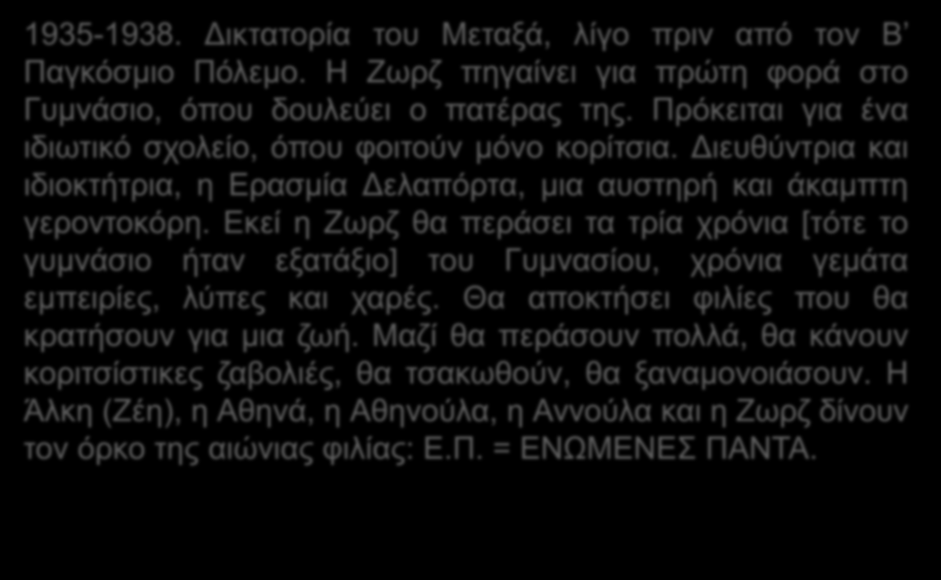 Λίγα λόγια για το μυθιστόρημα 1935-1938. Δικτατορία του Μεταξά, λίγο πριν από τον Β Παγκόσμιο Πόλεμο. Η Ζωρζ πηγαίνει για πρώτη φορά στο Γυμνάσιο, όπου δουλεύει ο πατέρας της.