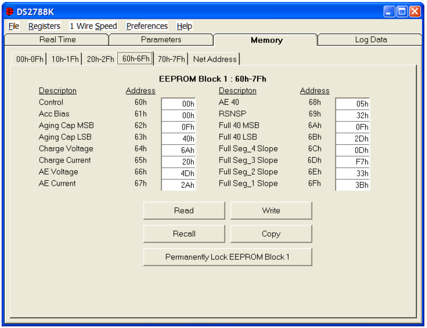 MEMORY TAB H καρτέλα memory tab δίνει πρόσβαση στα 32 bytes της SRAM και στα 48 bytes της EEPROM στο εσωτερικό του DS2788. Παρακάτω φαίνεται η σχετική καρτέλα. Εικόνα 7.3.3.3.ε: Memory Tab LOG DATA TAB Η καρτέλα log data tab επιτρέπει στον χρήστη να δει σε γραφήματα τις real time μετρήσεις που παίρνει το DS2788.