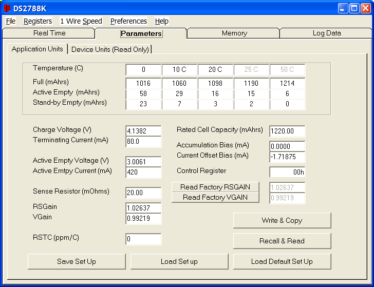 DS2788K PARAMETERS TAB The Parameters Tab gives the user access to the entire Parameter EEPROM memory block (block 1, addresses 60h-7Fh) in terms of Application Units and Device Units.