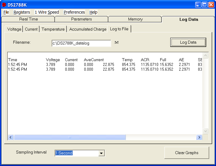 DS2788K LOG DATA TAB The Log Data tab allows the user to see the DS2788 s real time measurements graphed over time.