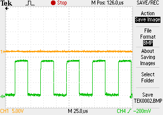 Εικόνα 8.2: Παλμοί ελέγχου στην πύλη του Mosfet 1High (πορτοκαλί) και του Mosfet 1Low (πράσινο) Εικόνα 8.