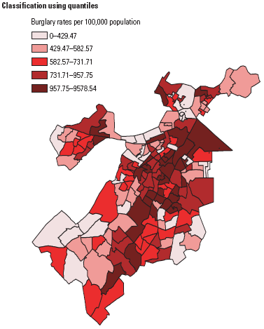 Χάρτης 6. Ο χάρτης αυτός δείχνει την κατανομή των ποσοστών διάρρηξης (ανά 100.000 κατοίκους) για τη Βοστώνη το έτος 1999 με τη μέθοδο ταξινόμησης natural brakes (πηγή: Eck et.