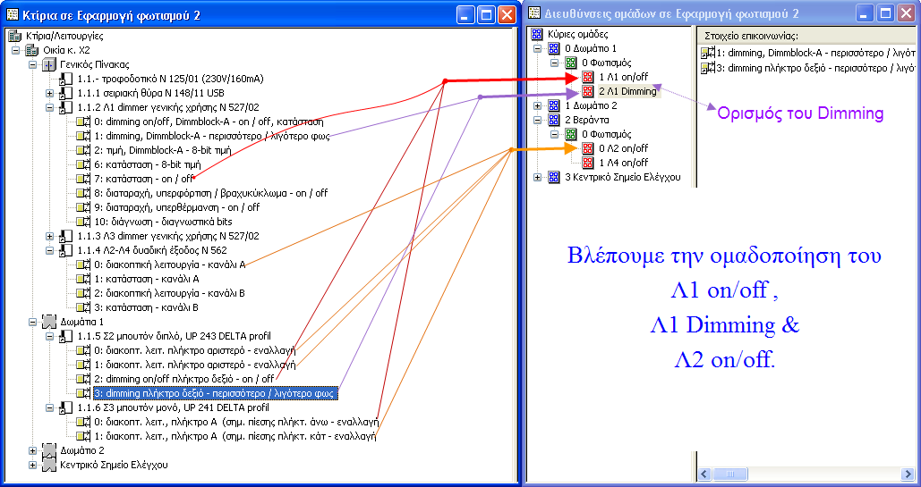 Εφαρμογές Κεφάλαιο 10 Dimming - on/off θσηηζηηθφ (Λ1) απφ ζεκείν ειέγρνπ (2) κε ηαπηφρξνλν on/off απφ ζεκείν (3) πνπ ην (3 & 2) ειέγρνπλ θαη έλα δεχηεξν θσηηζηηθφ (Λ2): Πξνζνρή: Γηα ηνλ έιεγρν ηνπ
