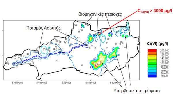 Εικόνα 8.3 Εξάπλωση πλουμίου εξασθενούς χρωμίου Είναι εμφανές ότι στην περιοχή κατά μήκος του ποταμού οι συγκεντρώσεις του χρωμίου παραμένουν σε σχετικά χαμηλό επίπεδο, μέχρι 40 μg/l.