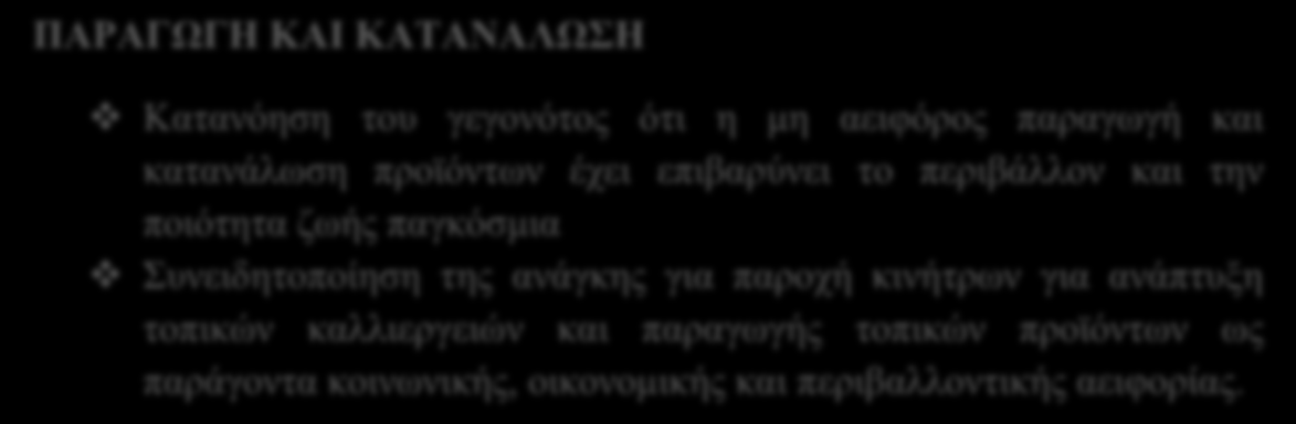 ΚΑΙ ΚΑΣΑΝΑΛΩΗ Καηαλόεζε ηνπ γεγνλόηνο όηη ε κε αεηθόξνο παξαγσγή θαη θαηαλάισζε πξντόλησλ έρεη επηβαξύλεη ην πεξηβάιινλ θαη ηελ πνηόηεηα δσήο παγθόζκηα πλεηδεηνπνίεζε ηεο αλάγθεο γηα