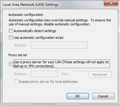 3. Από την οθόνη Ρυθμίσεις τοπικού δικτύου (LAN), καταργήστε την επιλογή Use a proxy server for your LAN (Χρήση διακομιστή μεσολάβησης για το
