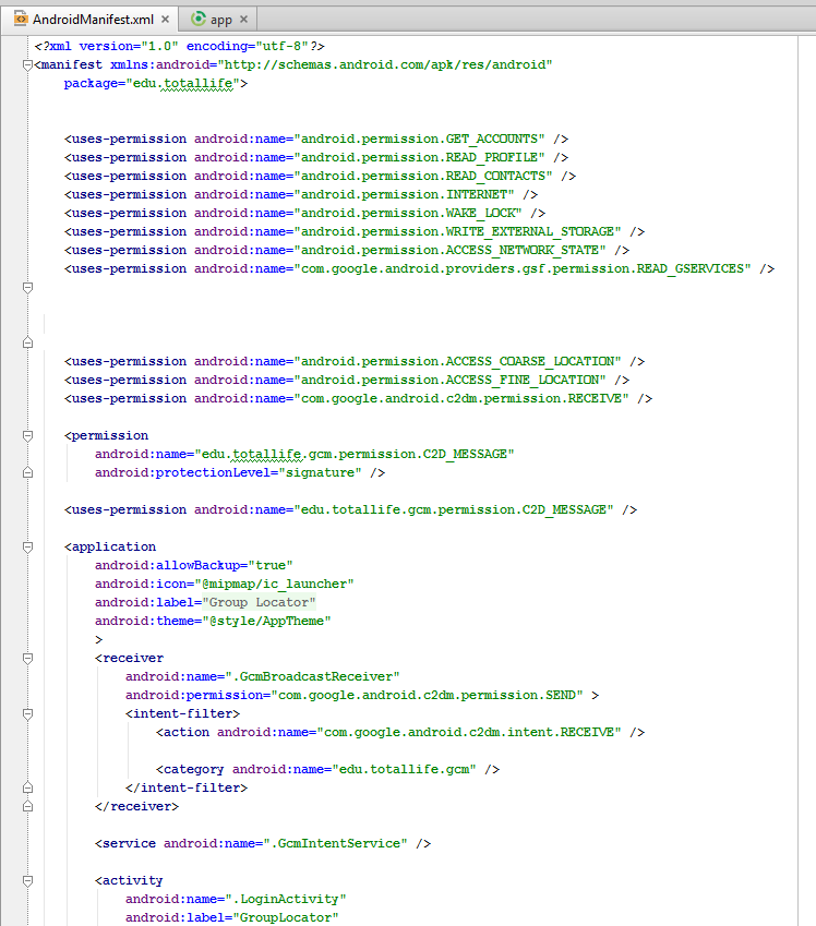 Απσείο Manifest Δδψ βιέπνπκε ην αξρείν AndroidManifest.xml φπνπ δειψλνληαη ηα παξάζπξα(activities),δηθαηψκαηα ρξήζεο,ππεξεζίεο, θιεηδηά,ράξηεο, ππεξεζίεο θαη αιιά.