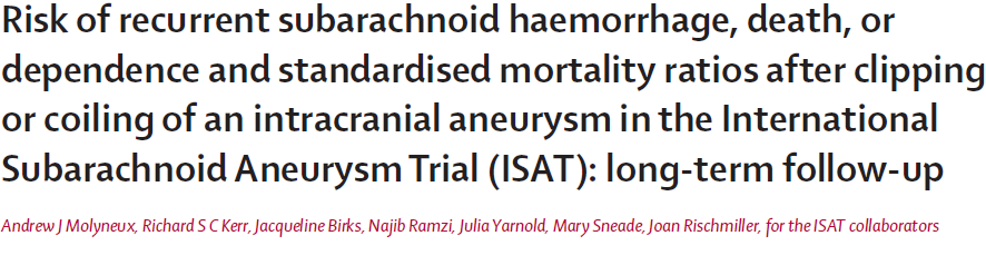 The ISAT follow-up for a mean of 9 years (range 6 14 years) demonstrates that the risk of rebleeding from a treated aneurysm is low.