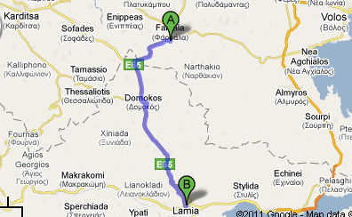 DAY 16: Farsala to Lamia (41 miles) 1. Head north on Larisis/Λαρίσης/E65 toward Riga Feraiou/Ρήγα Φεραίου 499 ft 2. Take the 3rd left onto Thetidos/Θέτιδος 0.4 mi 3.