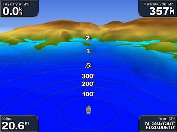 Χάρτες και προβολές 3D χαρτών Mariner s Eye 3D Η κάρτα δεδομένων BlueChart g2 Vision προσφέρει το Mariner s Eye 3D, το οποίο παρέχει μια λεπτομερή, τρισδιάστατη προβολή πάνω και πίσω από το σκάφος