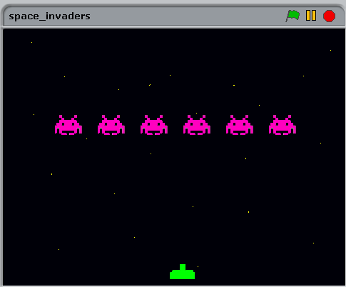 3.6 Space Invaders Βήμα 1 ο : Δημιουργία του σκηνικού : Βάφουμε μαύρο το σκηνικό και προσθέτουμε με τη βούρτσα κίτρινες κουκκίδες. Βήμα 2 ο : Βρίσκουμε, από το Διαδίκτυο, το κανόνι και το προσθέτουμε.
