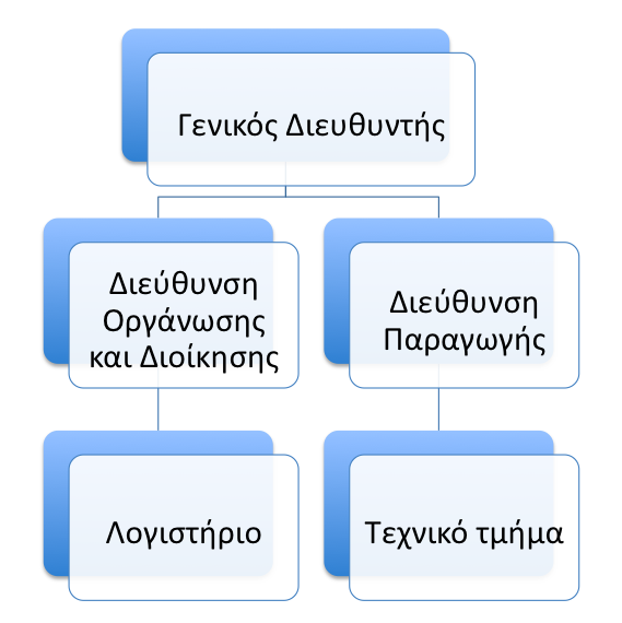 Σχήμα 12 Οργανόγραμμα της μονάδας. Η πρώτη διεύθυνση Οργάνωσης και Διοίκησης αποτελείται από τα δύο άτομα, τον Διευθυντή (συνιδιοκτήτης της μονάδας) και ένα λογιστή για το λογιστήριο.