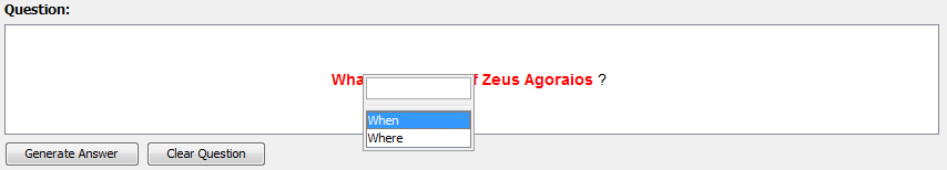 υποκείμενο της ερώτησης («Altar of Zeus Agoraios»). 3. Αποτέλεσμα από την επιλογή του υποκειμένου της ερώτησης. Το σύστημα παράγει αυτόματα μια τυχαία ερώτηση για αυτό το υποκείμενο.