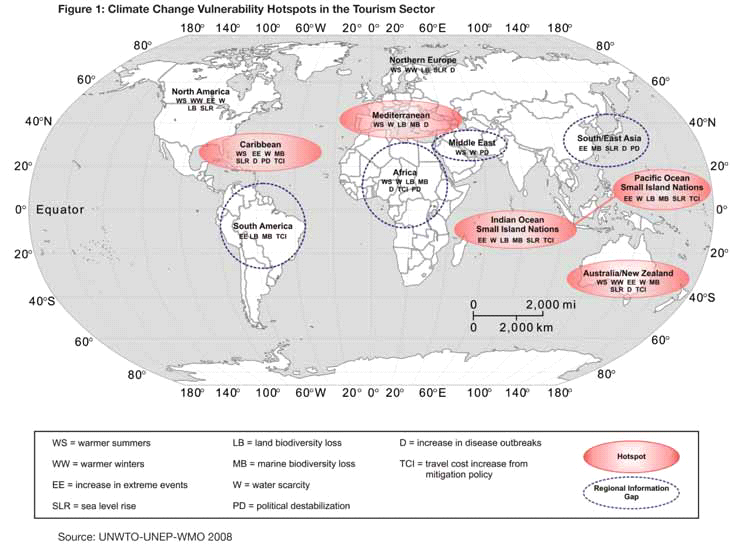 Επιπτώσεις κλιματικής αλλαγής στον τουρισμό Εικόνα 2.5: Περιοχές άμεσα επηρεαζόμενες από την κλιματική αλλαγή ως προς τον τουρισμό τους (UNWTO-UNEP-WMO, 2008).