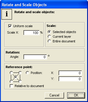 Από το µενού Special / Rotate and Scale Objects, επιλέγεται οµοιόµορφη κλίµακα και ορίζεται η κλίµακα στον X άξονα ίση µε 100 % (Εικόνα 11-9).