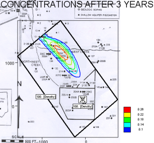 Γράφηµα 12-5 Concentrations after 3 years στην περιοχή Seymour 12.2.4 Κατάσταση Περιοχής Μετά Την Στιγµή Που Η Πηγή Σταµάτησε Να Ρυπαίνει Την Περιοχή Με Την Εφαρµογή Της Τεχνολογίας Εξυγίανσης «Συγκλίνοντα Φράγµατα Και ίοδος» Σε Ευθεία ιάταξη 1.