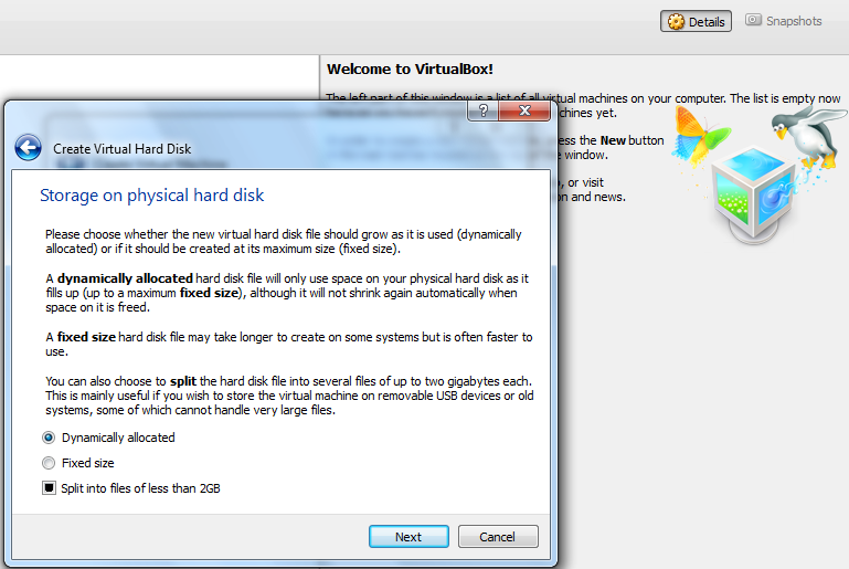 Επιλογή είδους εικονικού δίσκου Κάθε είδος δίσκου προέρχεται από το αντίστοιχο πρόγραμμα. Ο δίσκος VDI είναι του VirtualBox, ενώ ο VMDK είναι του VMware Player.